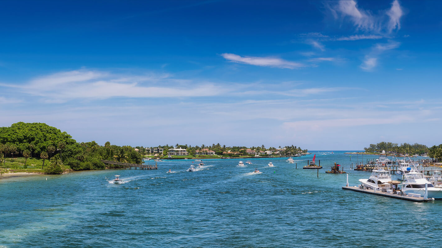 Panoramic view of Jupiter lighthouse and marina in West Palm Beach, Florida
